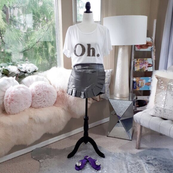 NWT Do+Be charcoal grey silver metallic thread pleated asymmetrical miniskirt M - Picture 4 of 13